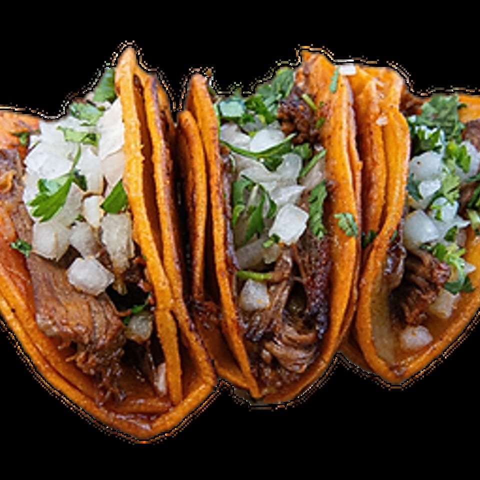 Three birria tacos with shredded beef, diced onions, and cilantro in orange tortillas.