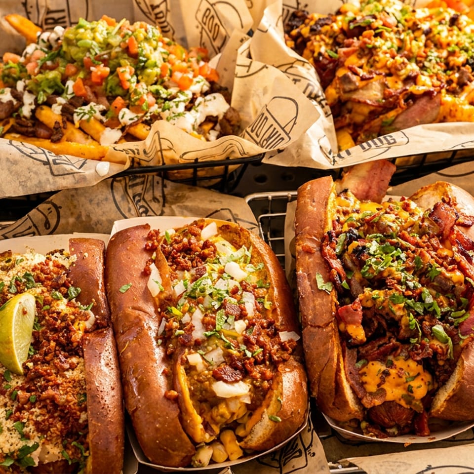 A close-up of various loaded hot dogs and fries from Dirt Dog, topped with diverse ingredients.