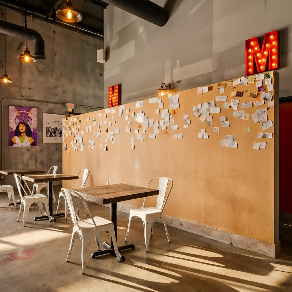 Industrial restaurant interior with wooden tables, metal chairs, exposed ductwork, warm pendant lights, and a message-covered partition wall.