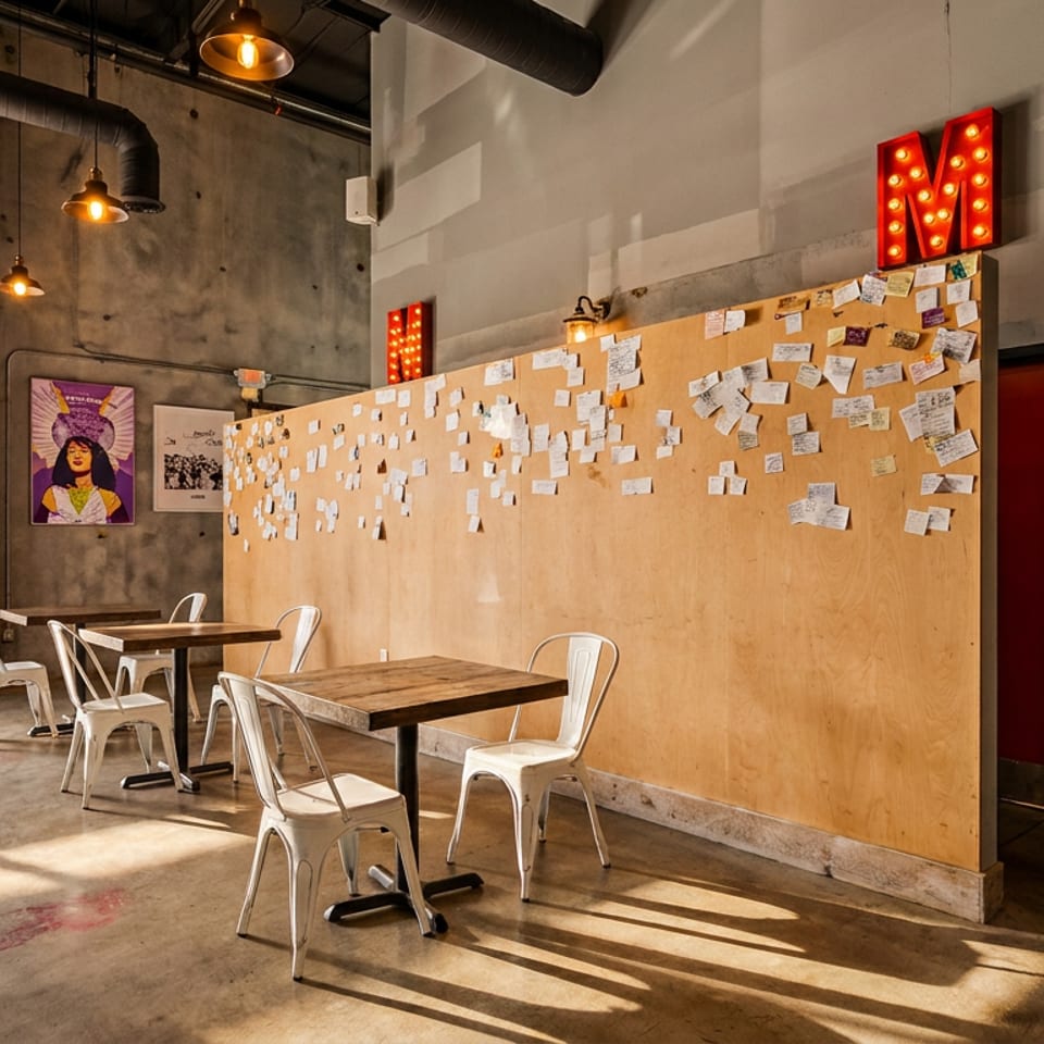 Industrial-style restaurant interior with concrete walls, wooden tables, white chairs, and a plywood wall covered in notes.