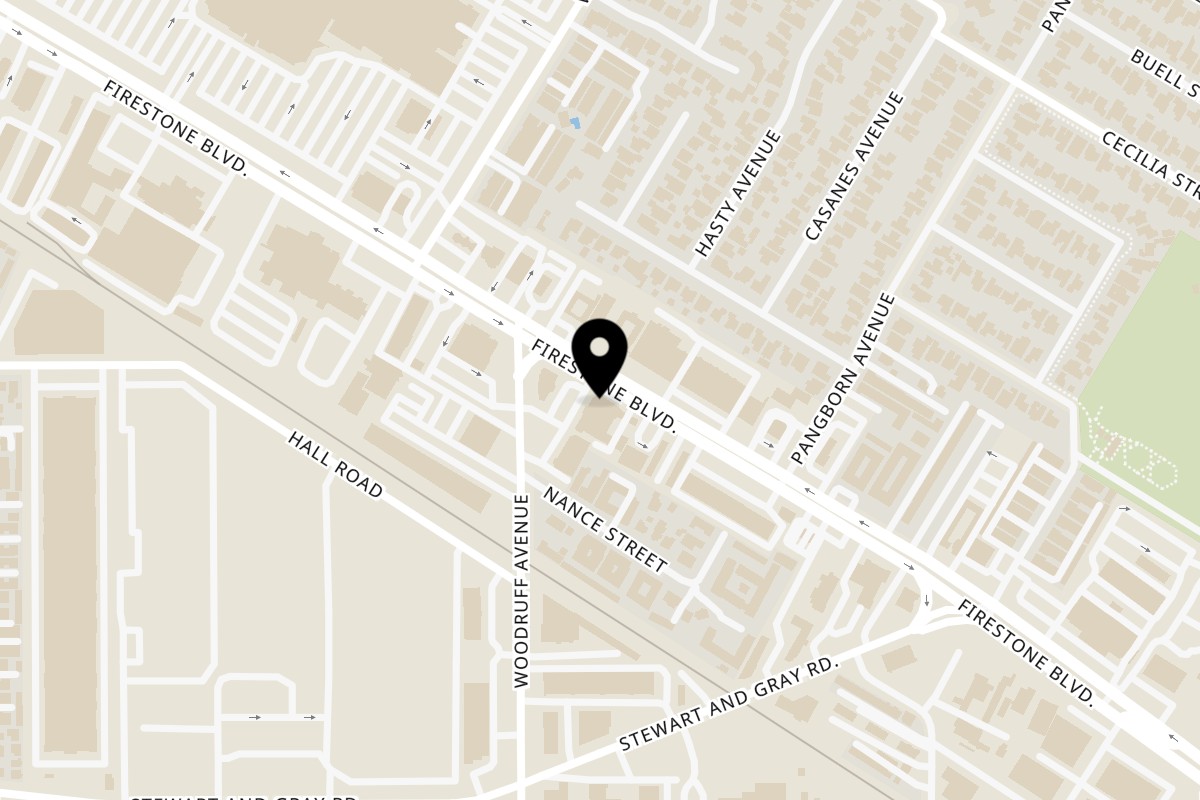 Map showing the location of Dirt Dog Downey on 9414 Firestone Blvd in Downey